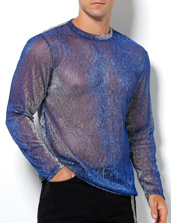 Прозора футболка-сітка Casey Herren з довгим рукавом, мереживна сорочка, мерехтливі сорочки, клубний стиль, A2-блакитний