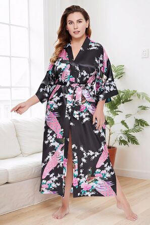 Чоловічий халат BABEYOND з довгим рукавом, шовковий сатин, кімоно, принт 'павич', чорний