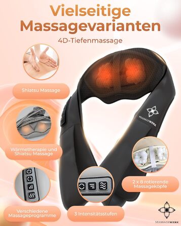Електричний масажер для шиї та спини Shiatsu з функцією підігріву, ергономічний пристрій для зняття м'язової напруги та болю (Чорний)