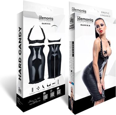 Комплект спідньої білизни з ефектом латексу Gogo Set: бюстгальтер без бретелів та спідниця міді, чорний, розмір S