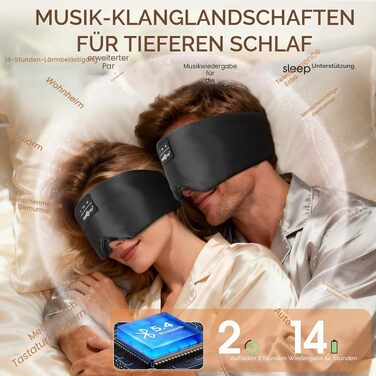 Bluetooth-маска для сну MUSICOZY з навушниками 5.4, шовк малбери 3D, повне затемнення, дихаюча маска для сну для тих, хто спить на боці, чорна, акумулятор 14 год
