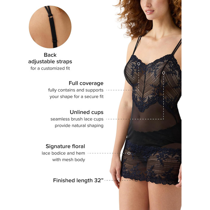 Wacoal Embrace: мереживна нічна сорочка-сукня, білий (XL, чорний/нічний колір)