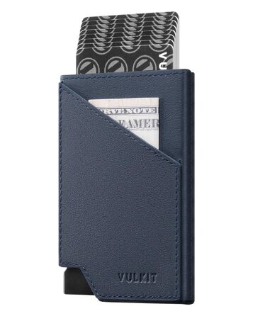 Чоловічий гаманець-картхолдер VULKIT Pop-up з RFID-захистом, металевий слімак з натуральної шкіри корови для кредитних карток, купюр та монет, темно-синій