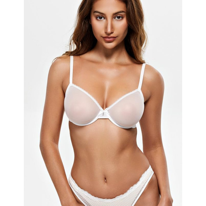 Жіночий мереживний бюстгальтер Wingslove з прозорою сіткою та силіконовими вкладами, білий 85B