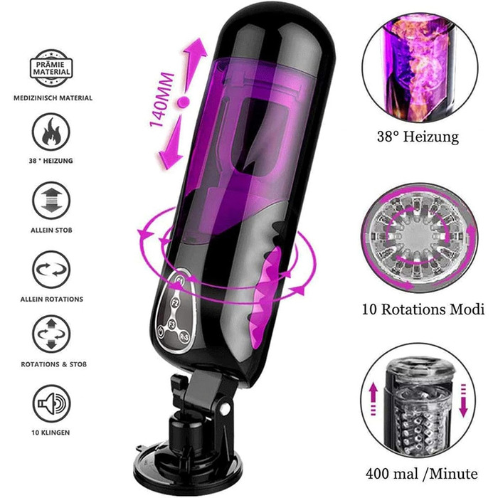 Масажер для чоловіків з нагрівом, 10 режимів ротації та 10 телескопічних режимів
