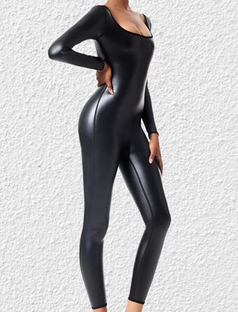 Комбінезон-боді з екошкіри для жінок Ausing. Боді, стрейч, глянцевий, для вечірок, карнавалу, Хелловіну, клубу. Чорний колір.