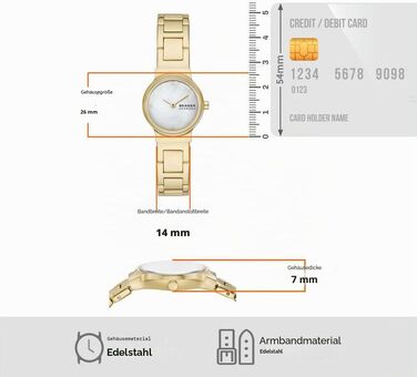 Жіночий наручний годинник Skagen Freja Lille: кварцовий механізм, сталевий або шкіряний ремінець, 26 мм, колір сепія-золото