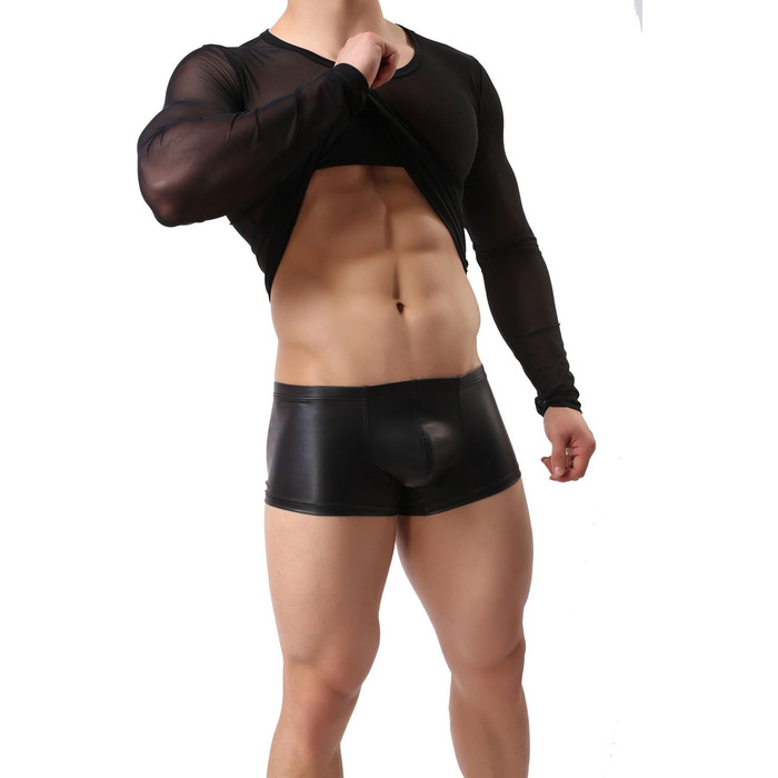 Чоловіча прозора чорна майка з довгим рукавом - нічна сорочка, сексуальна білизна, обтисла футболка з еластичних волокон, чорна майка-сітка L-XL