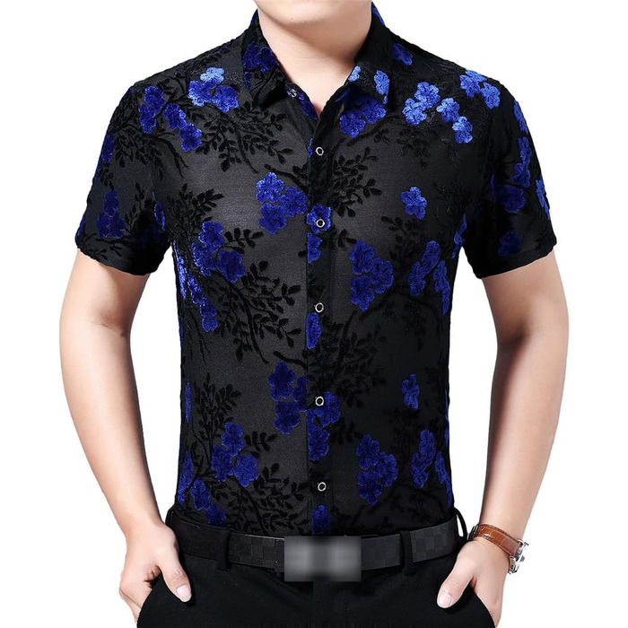 Чоловіча прозора сорочка з квітковим принтом, флісова, для клубу, весна, короткі рукави, обтислий крій (EU M 72-77KG TX, Синій)