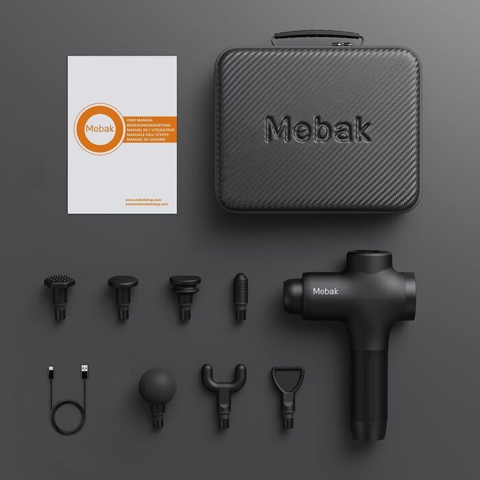 Перкусійний масажер Mebak 3 Massage Gun: електричний ручний масажер для м'язів та фасцій, 3200 об/хв, амплітуда 12 мм, 7 насадок, 5 рівнів інтенсивності, акумулятор 2600 мАг, чорний