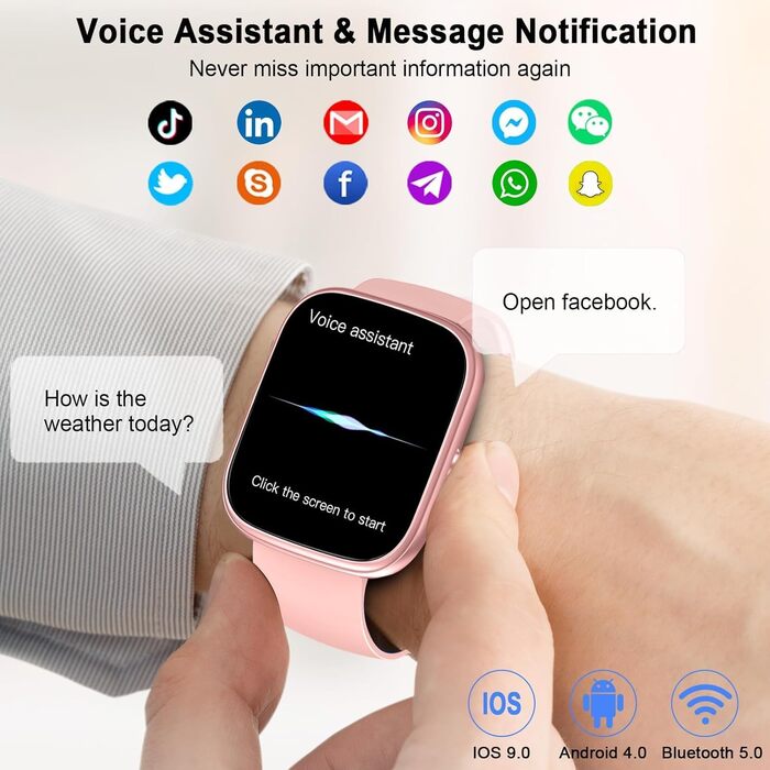 Смарт-годинник унісекс 1.91'' HD 2026 з Bluetooth, фітнес-трекер з пульсометром, моніторингом сну та SpO2, 113+ спортивних режимів, водонепроникний IP68 для Android та iOS (Рожевий)
