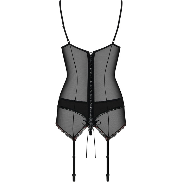 Сексуальний жіночий комплект білизни Selente Love & Fun: корсет, танга та шовкова маска для очей, чорно-бордовий, S-M, Made in EU