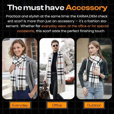 Унісекс шарф у клітинку KARMA.DIEM London Style, м'який зимовий шарф для жінок та чоловіків, білий, 35x170 см