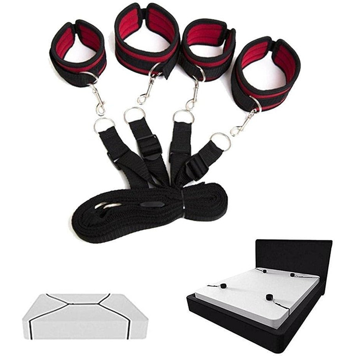 Набір для БДСМ з обмеженням: набір для пар, з кріпленнями для ліжка, наручниками, пов'язкою на очі. Червоний колір