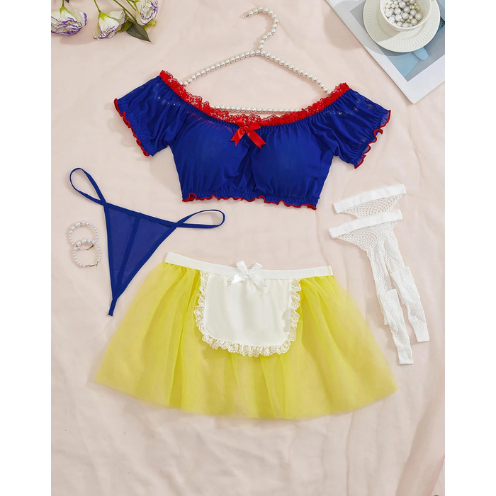 Жіноча білизна Aranmei: мереживний прозорий комплект для косплею, 4-елементний (з панчохами), блакитний+жовтий, розмір L