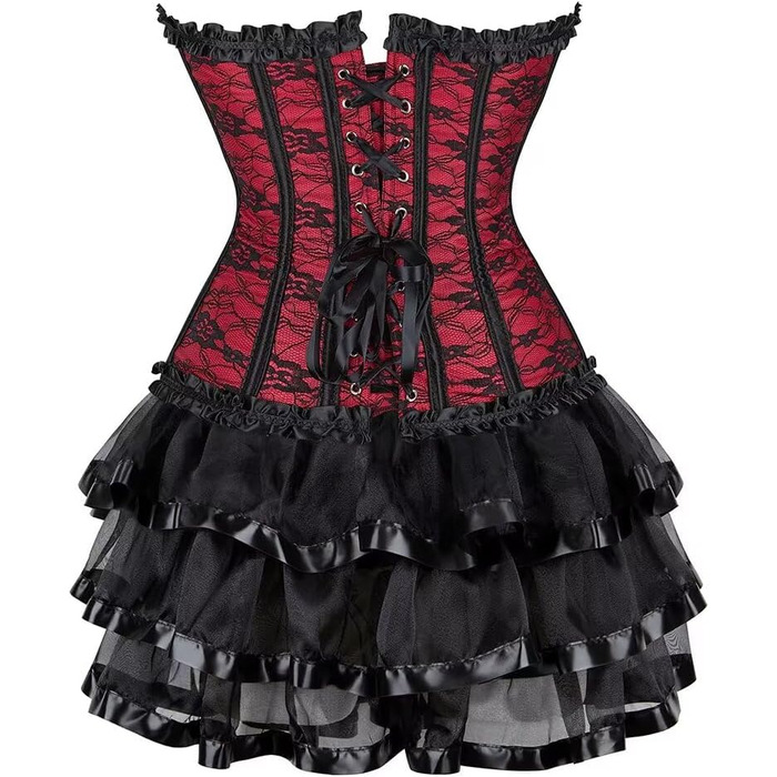 Сукня-корсет з корсетом, спідницею та корсажем, мереживо, шнурівка, сукня-корсаж, вінтажний стиль, сексуальний образ, для Хелловіну (XXS, червоно-чорний)