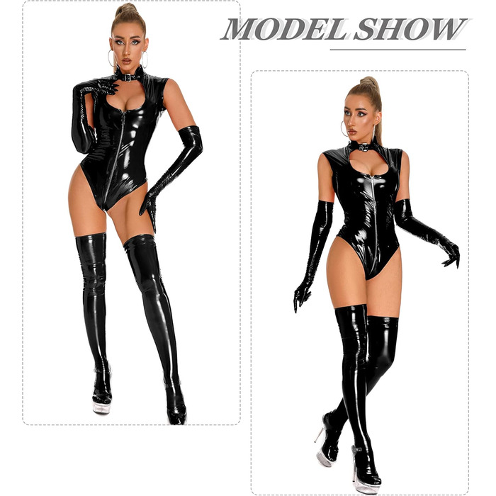Комбінезон SEAUR для жінок, облягаючий, еластичний, з ефектом мокрого блиску, з штучної шкіри, для вечірок, костюм кота, піжама, чорний, розмір 38-40