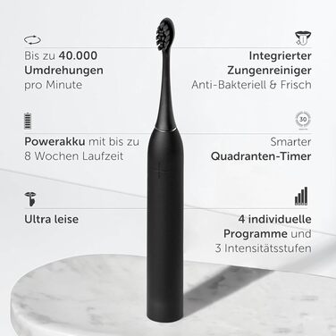 Електрична зубна щітка WonderSmile Schallzahnbürste Pro IPX8, 4 режими роботи, з зарядною станцією та смарт-насадкою, Ultimate Black