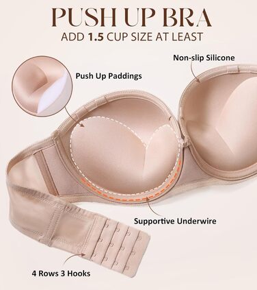 Бюстгальтер Lemorosy без бретелек з пуш-ап, великі розміри, сильний тримач, з підкладкою, мультивей, знімні бретелі, 85A, бежевий