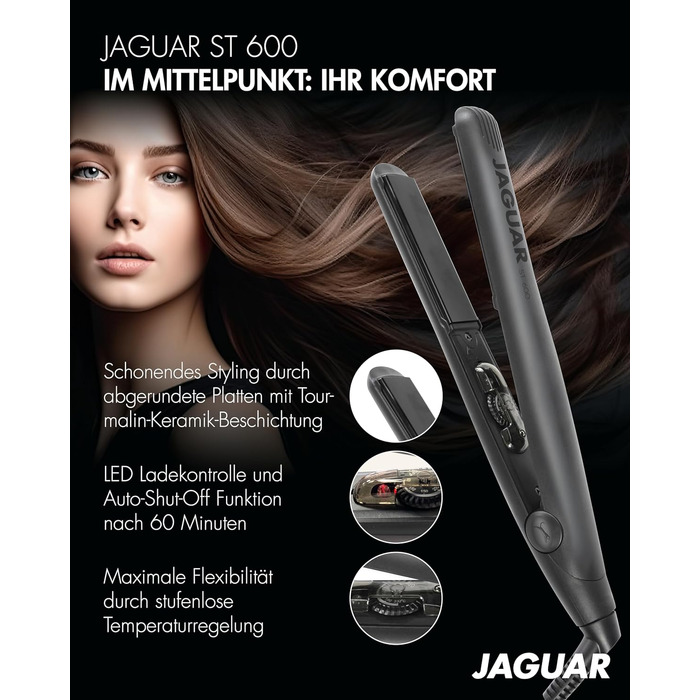 Професійний випрямляч для волосся JAGUAR ST600 Black з регулюванням температури та закругленими пластинами для гладкого волосся та локонів, чорний