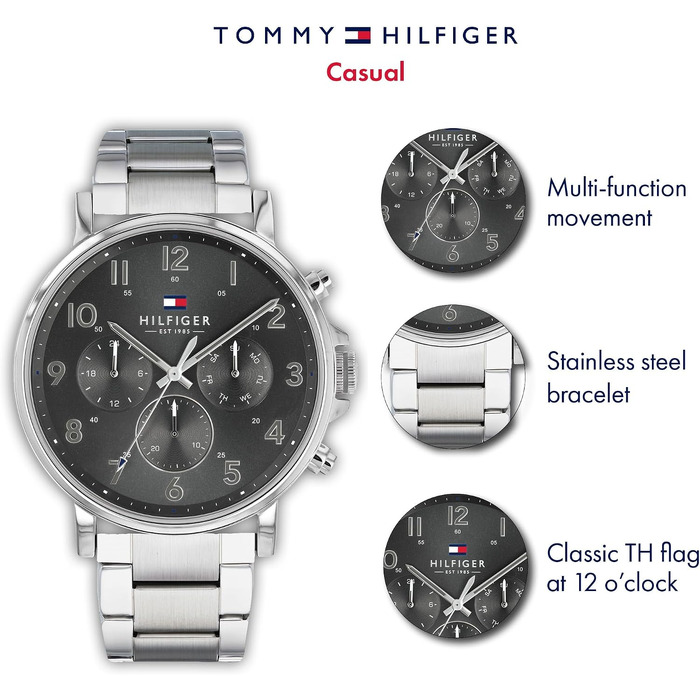 Чоловічий кварцовий годинник Tommy Hilfiger Multi з багатофункціональним циферблатом, сталевий браслет, колір Grey Metal