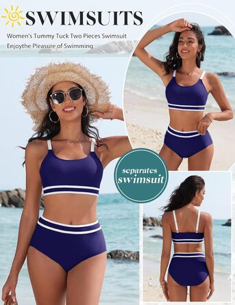 Бікіні Tuopuda з високою талією, спортивний двочастинний купальник, push-up, темно-синій (L)