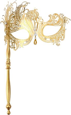 Венеціанська маска JewelryWe з держаком для жінок, металева маска з стразами для маскараду, аксесуар для костюма на Хелловін, карнавал, вечірку, бал (Золота)