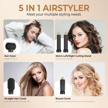 Стайлер для волосся 5 в 1 UKLISS Airstyler Pro: багатофункціональний набір для сушіння та укладки (фен, брашинг, гофре, вирівнювач), 1000 Вт, чорний