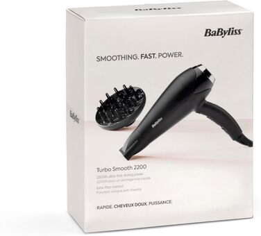Фен для волосся BaByliss Turbo Smooth D572DE, 2200 Вт, з іонізацією та дифузором, 3 температурні режими, чорний