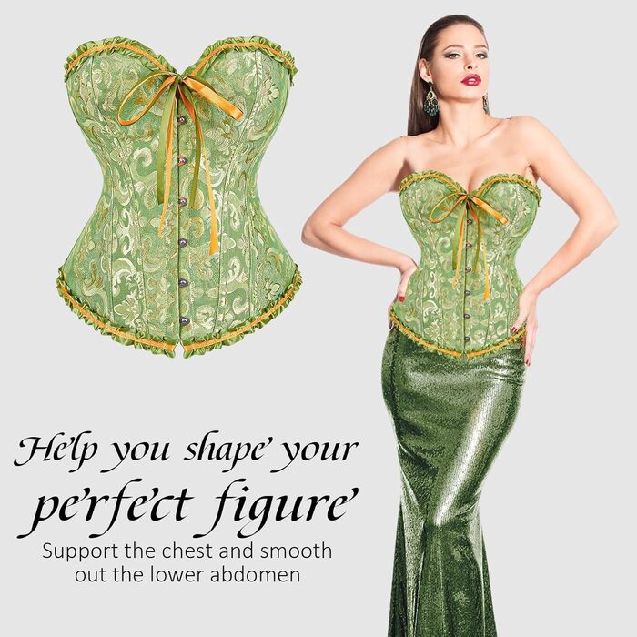 Корсет-топ для повних грудей, корсет, готичний бюстгальтер, мереживне топ, бурлеск костюм, бодішейпер (зелений, L)
