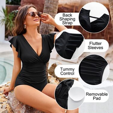 Чорний купальник Grace Karin з глибоким V-подібним вирізом, модель Monokini, еластичний, з рукавами-літаками, XL, літній