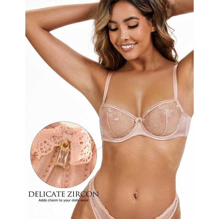 Wingslove Дирндль бюстгальтер з кісточками для жінок, мереживний балконет, прозорий, без підкладки, для великої груди, м'який та зручний (Рожево-бежевий, 80F)