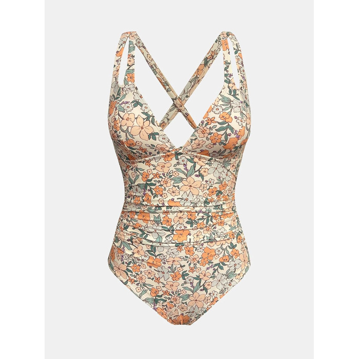 Купальник CUPSHE з V-подібним вирізом, корегуючими складками та глибоким вирізом на спині, суцільний, бежевий з квітковим принтом