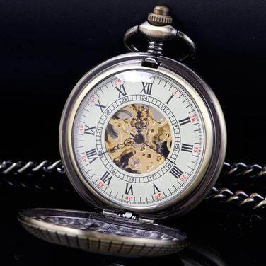 Скелетон кишеньковий механічний годинник Tiong Vintage Steampunk з ланцюжком, римські цифри, бронзовий колір (у подарунковій коробці)