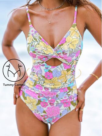 Купальник CUPSHE Daen з V-подібним вирізом, ефект зав'язування, корегуючий, з декоративними вирізами, суцільний (XS, жовтий/рожевий/квіти)