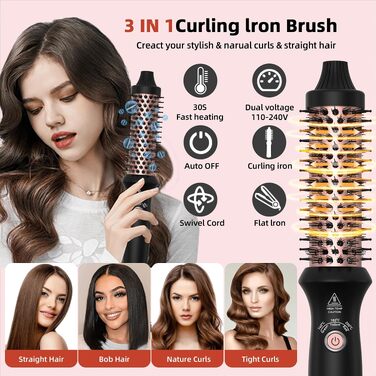 Мультифункціональний стайлер для волосся 6 в 1 UKLISS Air Styler Set: фен-щітка, локатор, випрямляч та дифузор, 1000 Вт, LCD-дисплей, колір Rose Gold