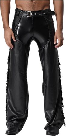 Костюм ковбоя з еластичної шкіри TTAO для чоловіків: штани з відкритим кроком, з бахромою та пряжкою, чорного кольору