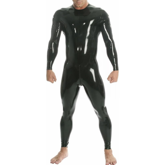 Чоловічий латексний catsuit з ефектом вологого блиску, чорний, XXL. Латексний комбінезон з блискавкою, довгі рукави, з шліц-ременем.