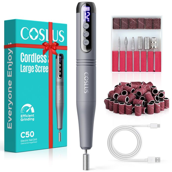Акумуляторний електричний апарат для манікюру та педикюру COSLUS C50, 12 швидкостей, LED-дисплей, для нарощених нігтів, гель-лаку та акрилу, темно-сірий