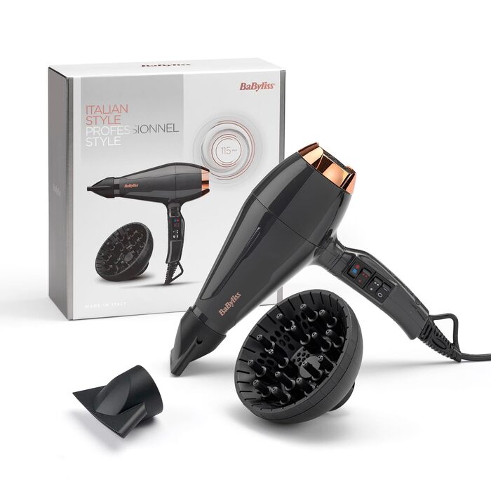 Професійний фен для волосся BaByliss Italian Air Pro 6719DE з дифузором, 2200 Вт, іонізація Anti-Frizz, 2 режими температури та швидкості, чорний