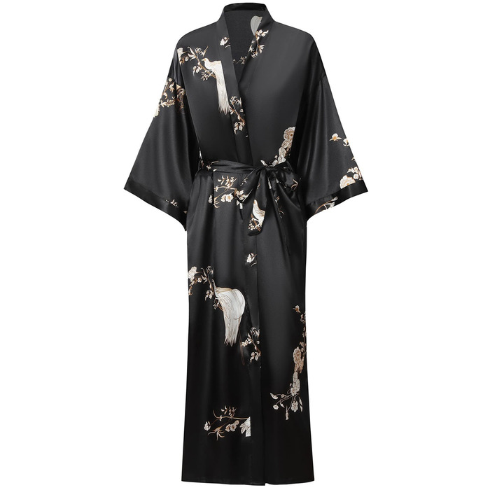 Жіночий халат з довгим рукавом з шовку, сатин, кімоно, квітковий принт, чорний, універсальний розмір