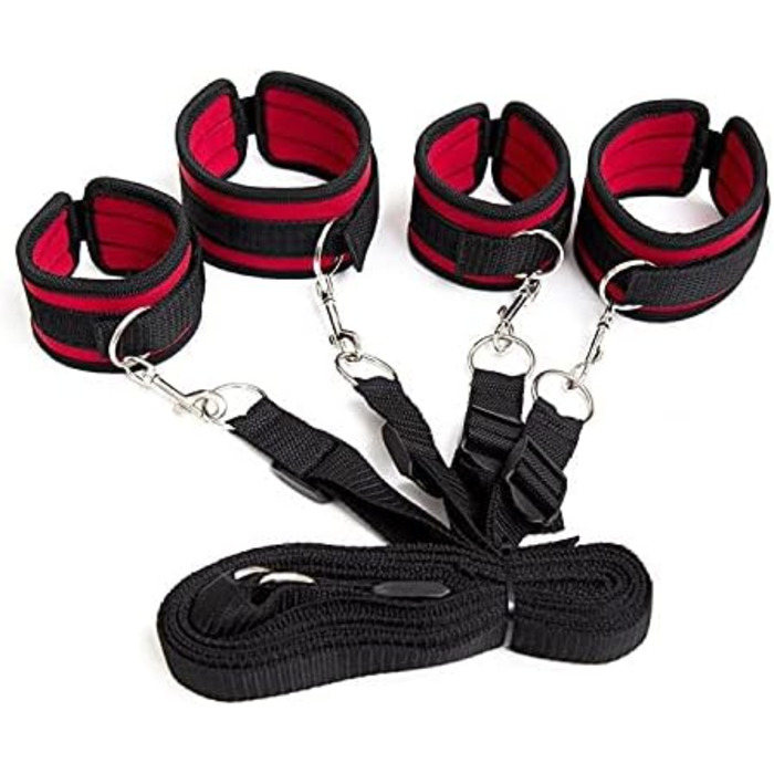 Набір для БДСМ з обмеженням: набір для пар, з кріпленнями для ліжка, наручниками, пов'язкою на очі. Червоний колір