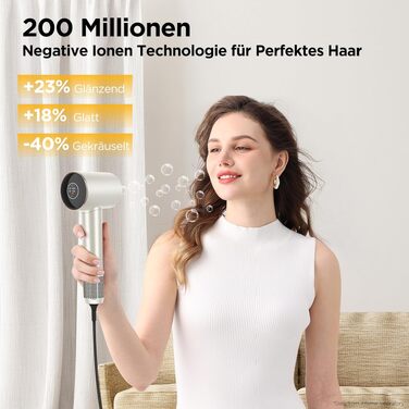 Професійний фен для волосся Parwin Pro Beauty Air-Sonic з HD-LED дисплеєм, безщітковим мотором 110,000 RPM та іонізацією (200 млн негативних іонів), швидка сушка 25м/с, Champagne Silver