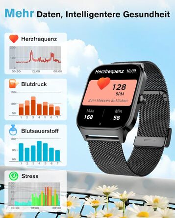 Смарт-годинник KALINCO для чоловіків та жінок з Bluetooth, вимірюванням артеріального тиску, пульсу та SpO2, AI фітнес-трекер, 100+ спортивних режимів, аналіз сну, сумісність з iOS та Android (Milano, чорний)