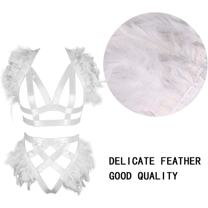 Жіночий корсет з пір'ям BBOHSS – набір аксесуарів для тіла, готичний стиль, Burning Man, білий (30)