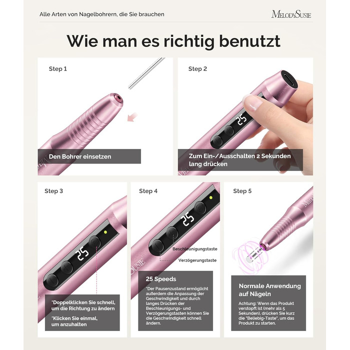 Апарат для манікюру та педикюру MelodySusie PC180G, бездротовий електричний нігтевий фрезер 25000 об/хв, професійний набір для нарощених нігтів з LED-дисплеєм (Rose)