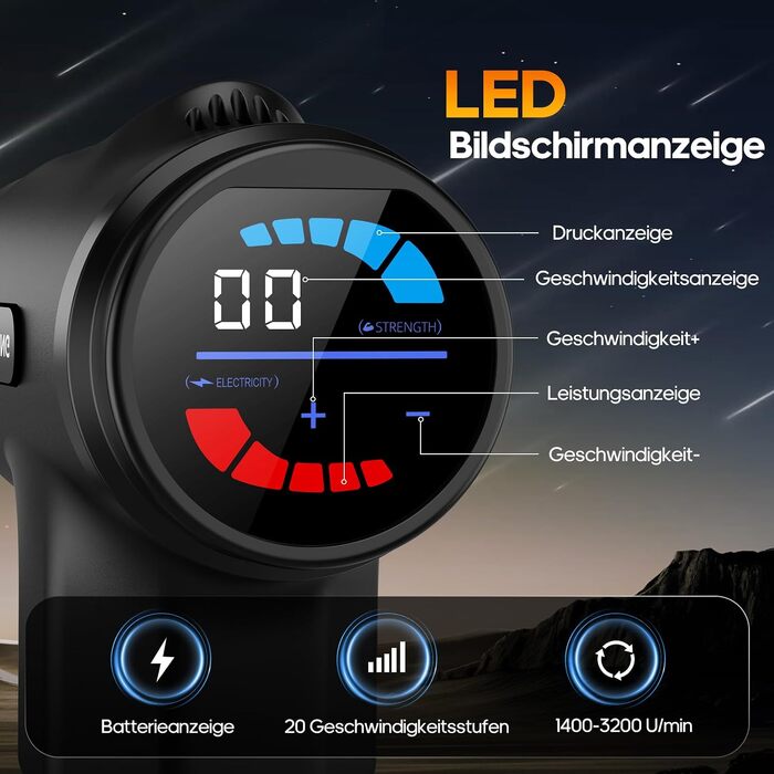 Перкусійний масажер AERLANG з функцією підігріву, масажна пістолет з LED-дисплеєм, 20 рівнів інтенсивності та 7 насадками, чорний