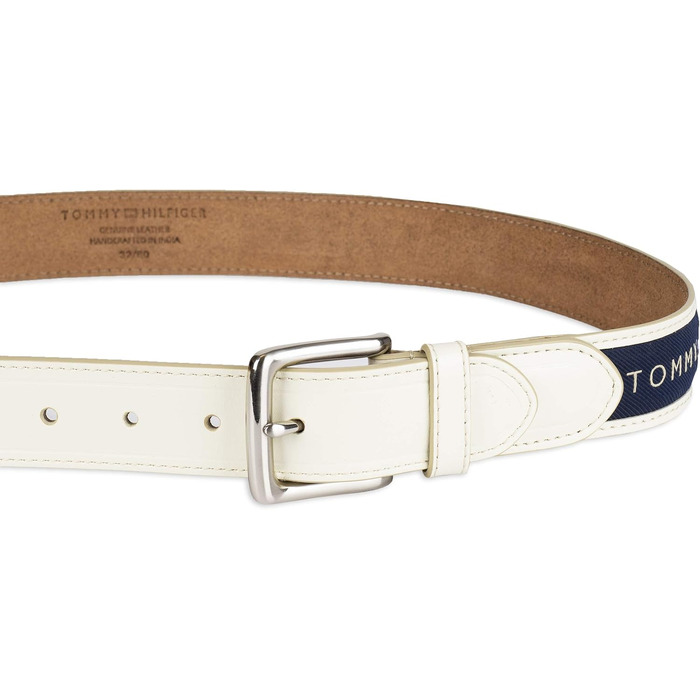 Чоловічий повсякденний ремінь Tommy Hilfiger з текстильною вставкою та класичною пряжкою, колір: кремовий з темно-синім, розмір 30