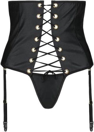 Корсет-стрінг Passion з чорної екошкіри, набір з шнурівкою та металевими кільцями, S-M, чорний