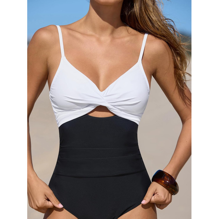 CUPSHE купальник з вирізом, ефект зав'язування, прихована талія, з декоративними вставками, чорно-білий (XS)